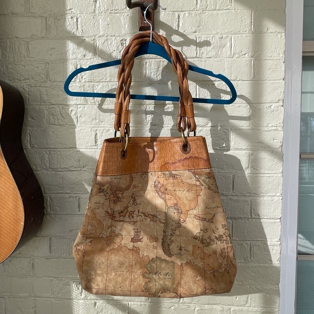 CLOTH & LEATHER MAP TOTE. ITALIAN. LIKE NEW.